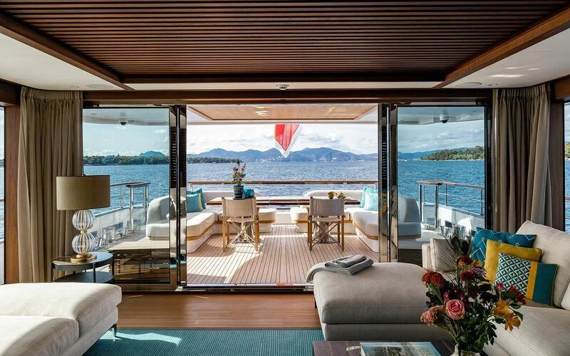 a room with a view of the ocean and the ocean aboard JOSEPHINE I Yacht for Sale