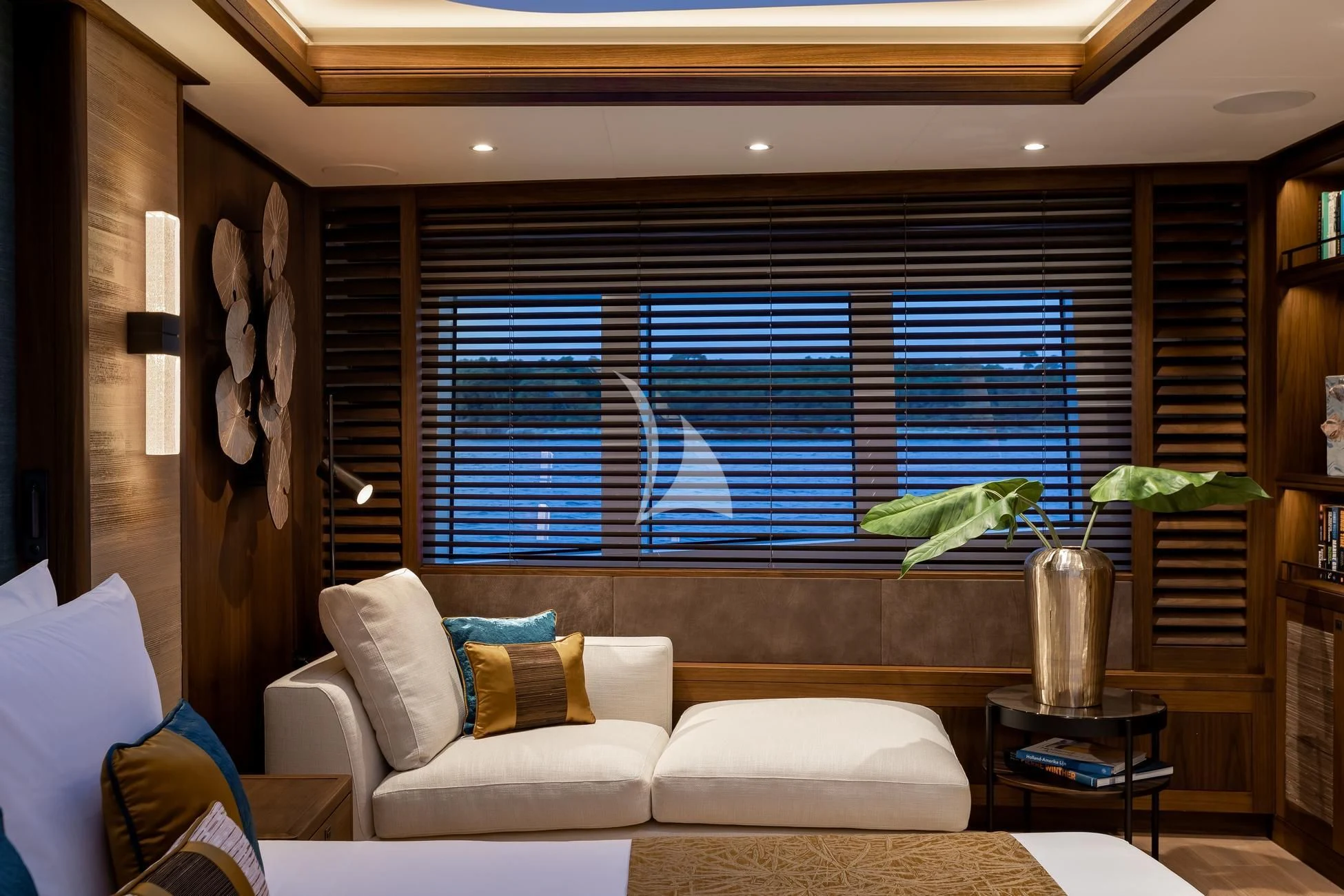 a living room with a large window aboard JOSEPHINE I Yacht for Sale