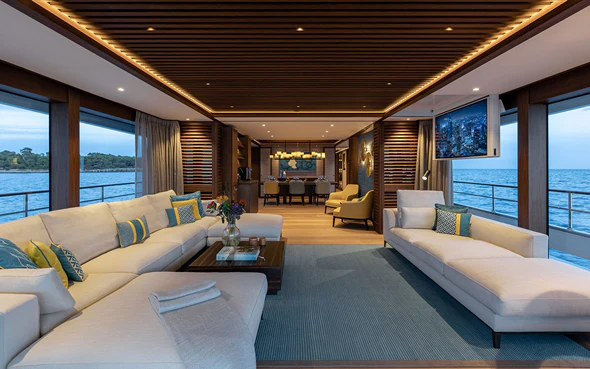 a living room with a large window aboard JOSEPHINE I Yacht for Sale