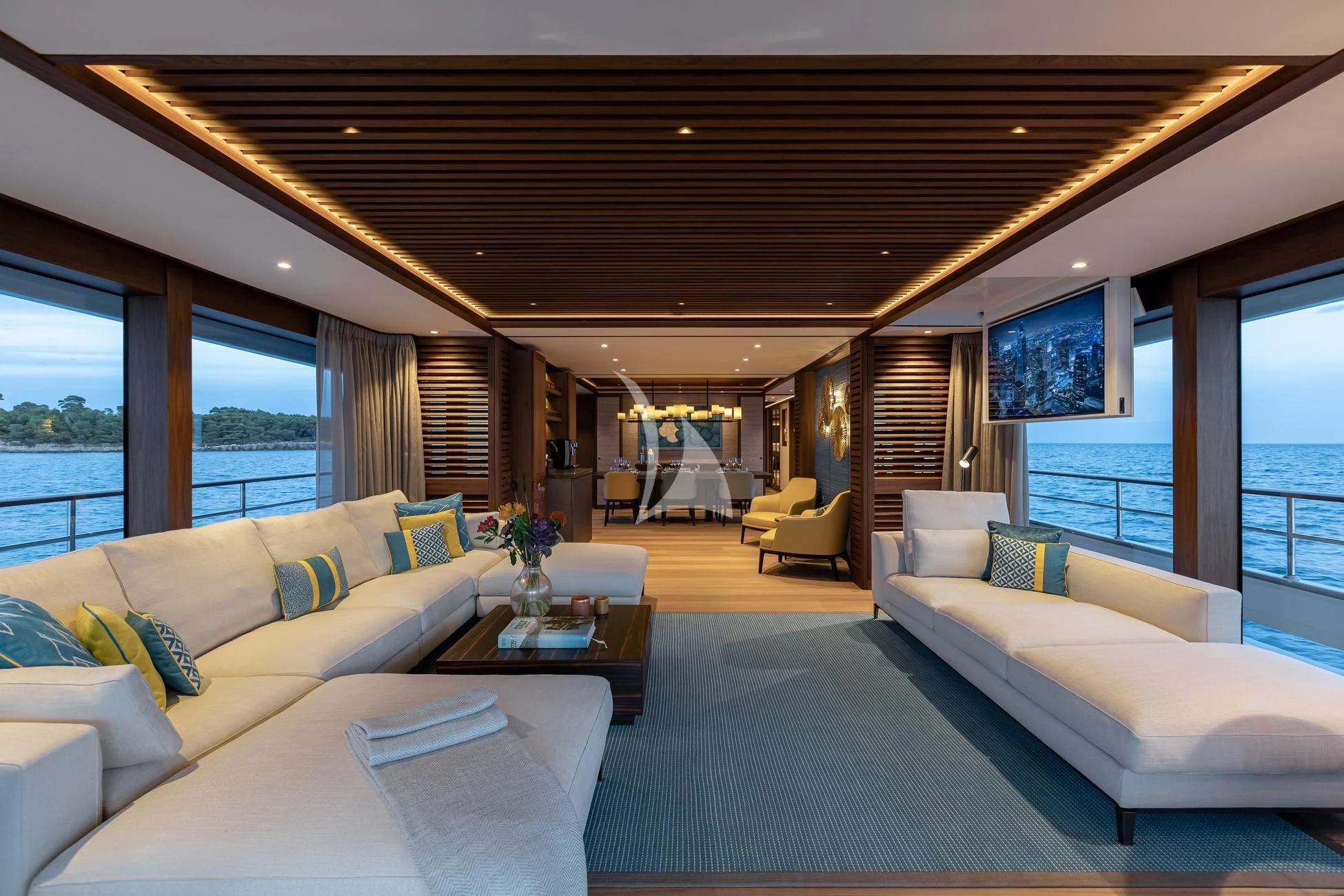 a living room with a large window aboard JOSEPHINE I Yacht for Sale