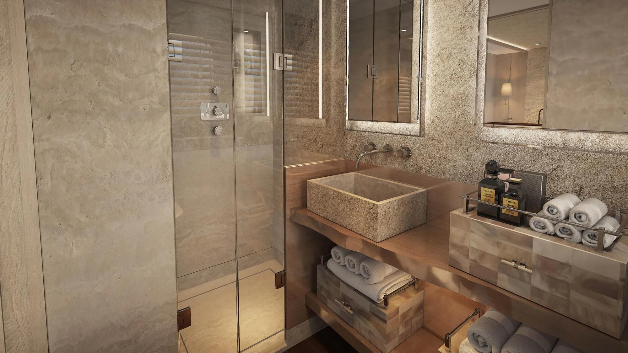 a bathroom with a glass shower aboard JOSEPHINE I Yacht for Sale