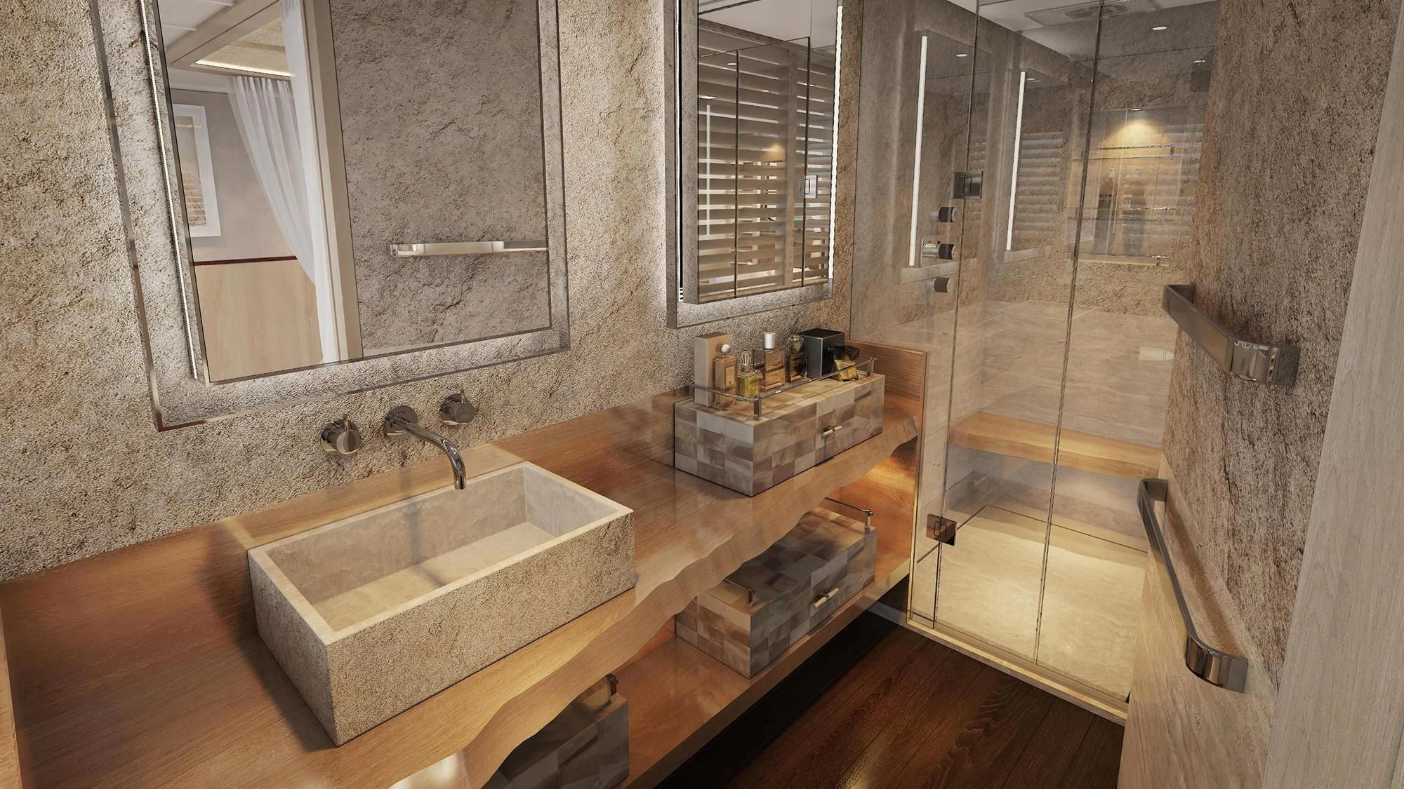a bathroom with a sink and mirror aboard JOSEPHINE I Yacht for Sale