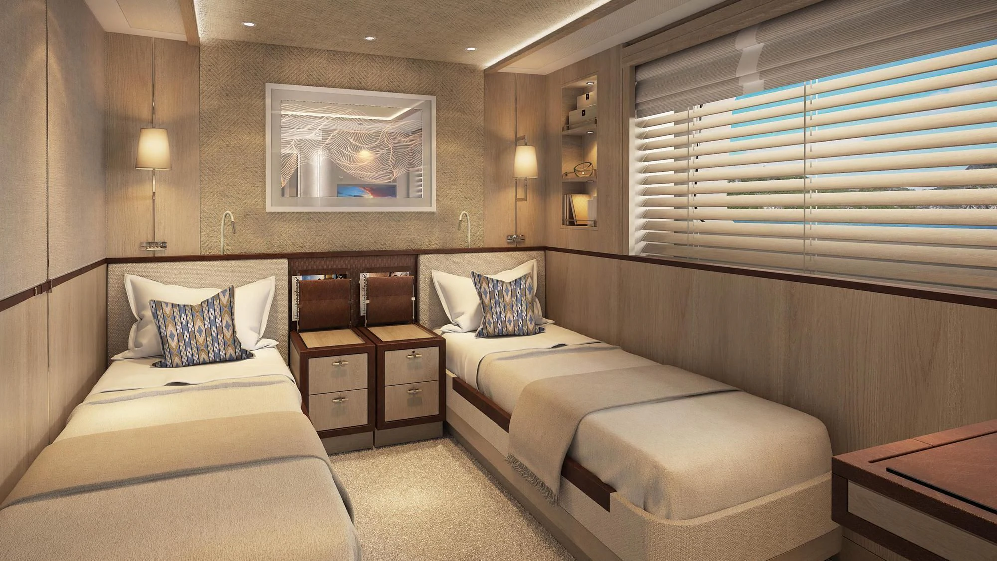 a room with two beds aboard JOSEPHINE I Yacht for Sale