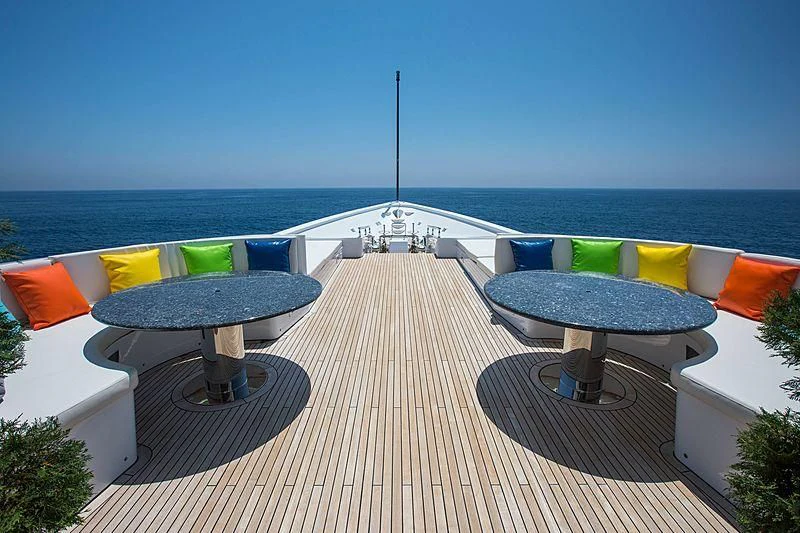a deck with a table and chairs on it aboard GRACE Yacht for Sale