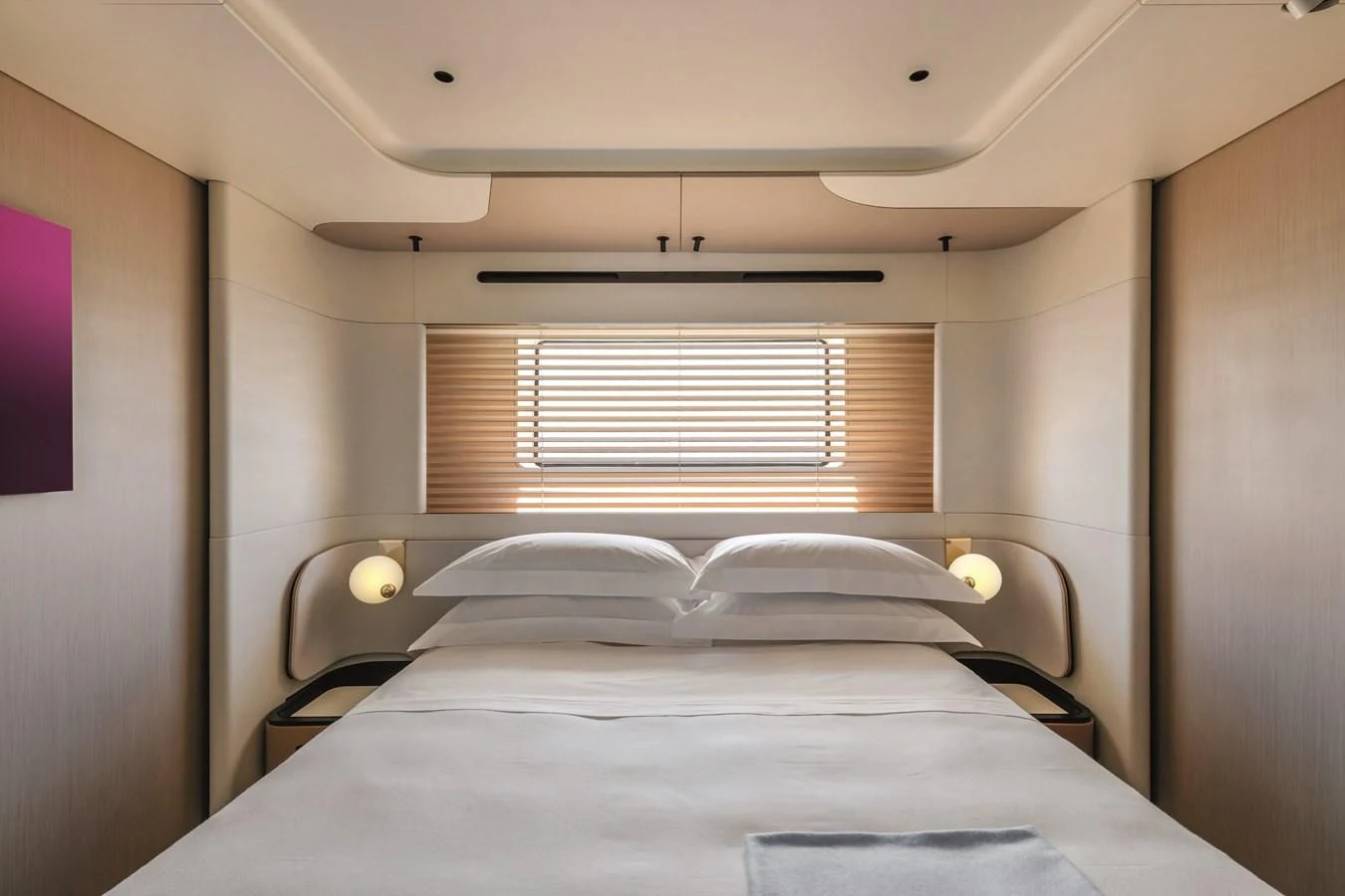 a bed with a white sheet aboard R.DARENBEN Yacht for Sale
