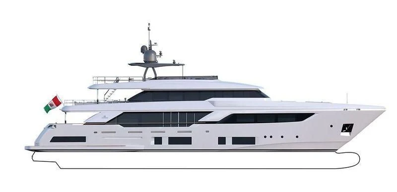 a white boat with a flag on it aboard ROMA VII Yacht for Sale