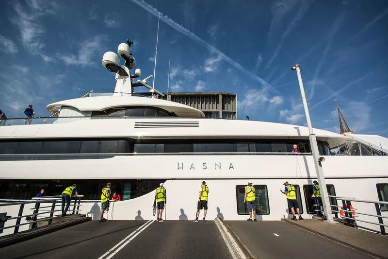 a large ship docked aboard LUNASEA Yacht for Sale