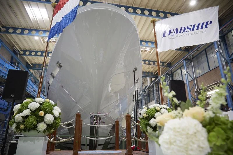 a large white tent with flowers aboard LUNASEA Yacht for Sale