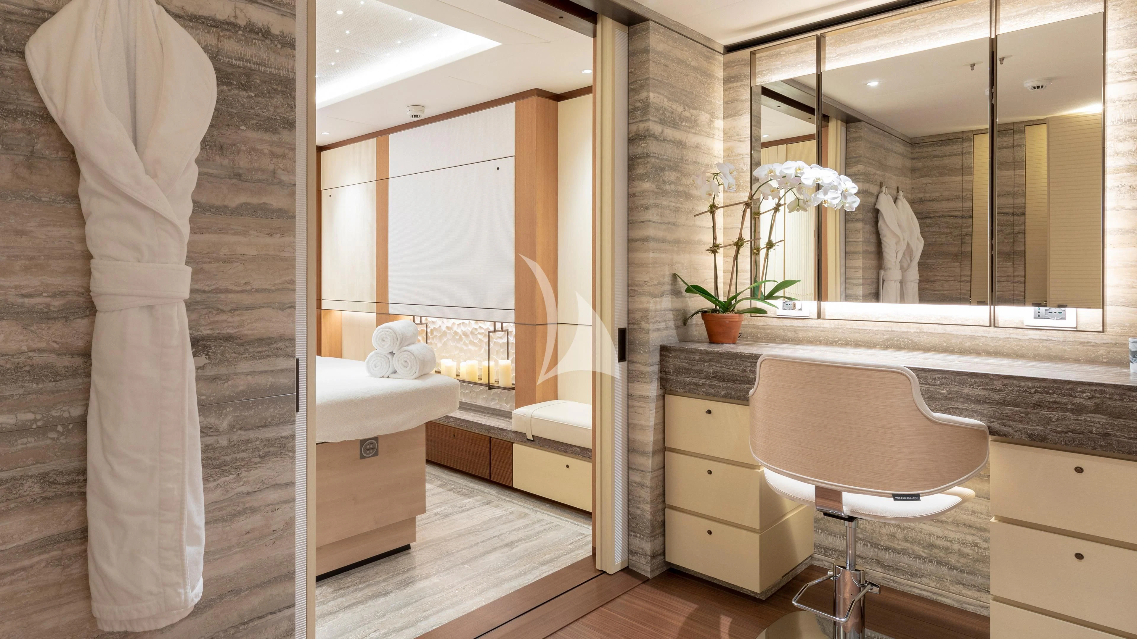 a bathroom with a large mirror aboard LUNASEA Yacht for Sale