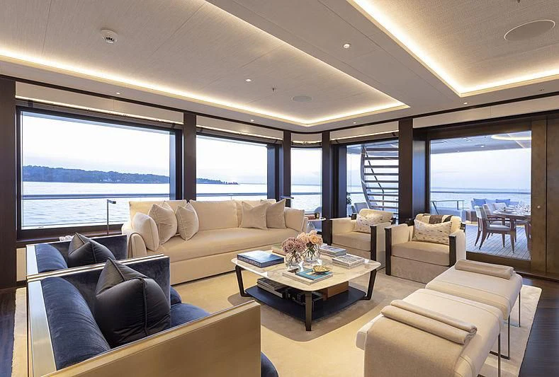 a living room with a large window aboard LUNASEA Yacht for Sale
