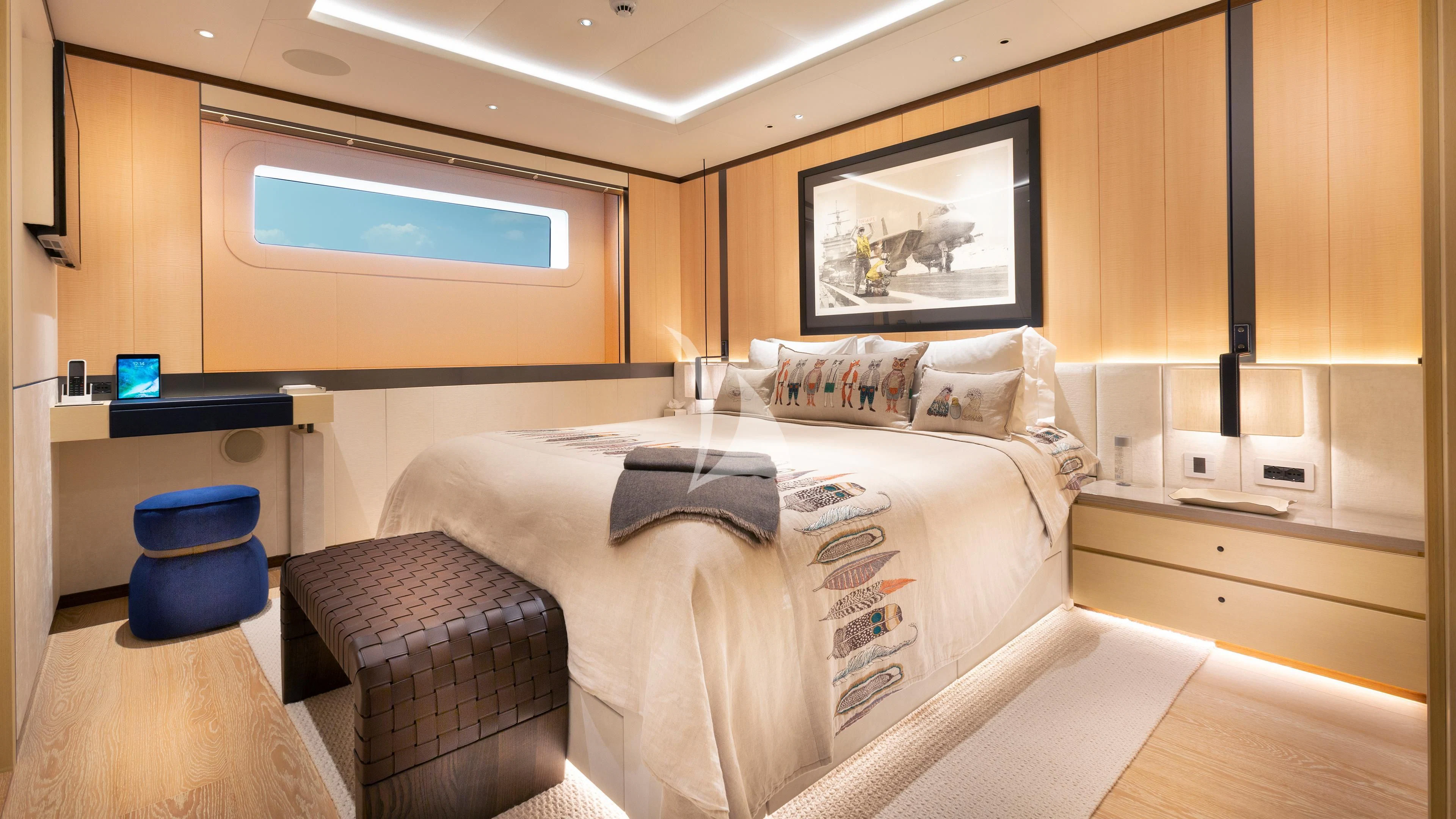 a bed in a room aboard LUNASEA Yacht for Sale
