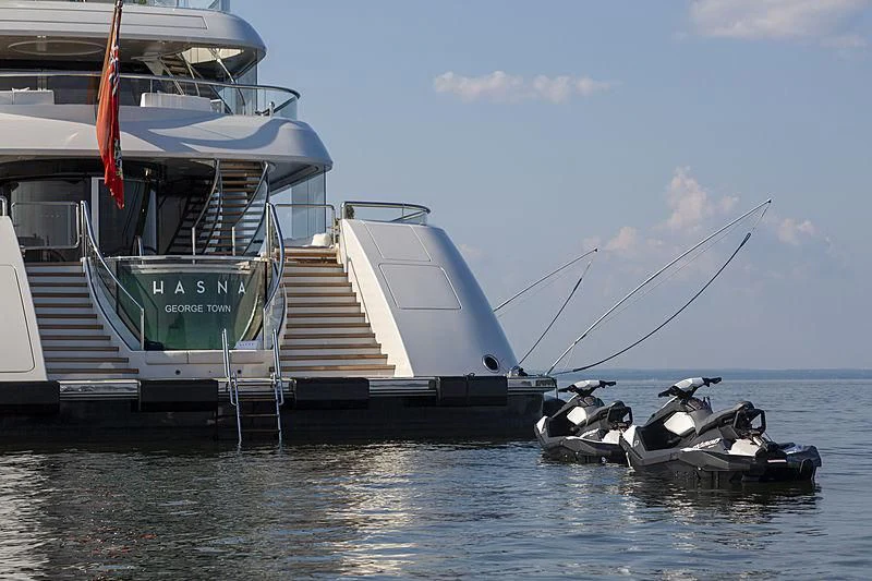 a boat docked at a pier aboard LUNASEA Yacht for Sale