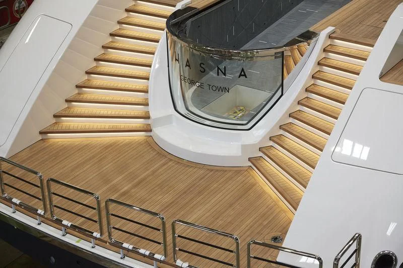 a staircase with a glass door aboard LUNASEA Yacht for Sale