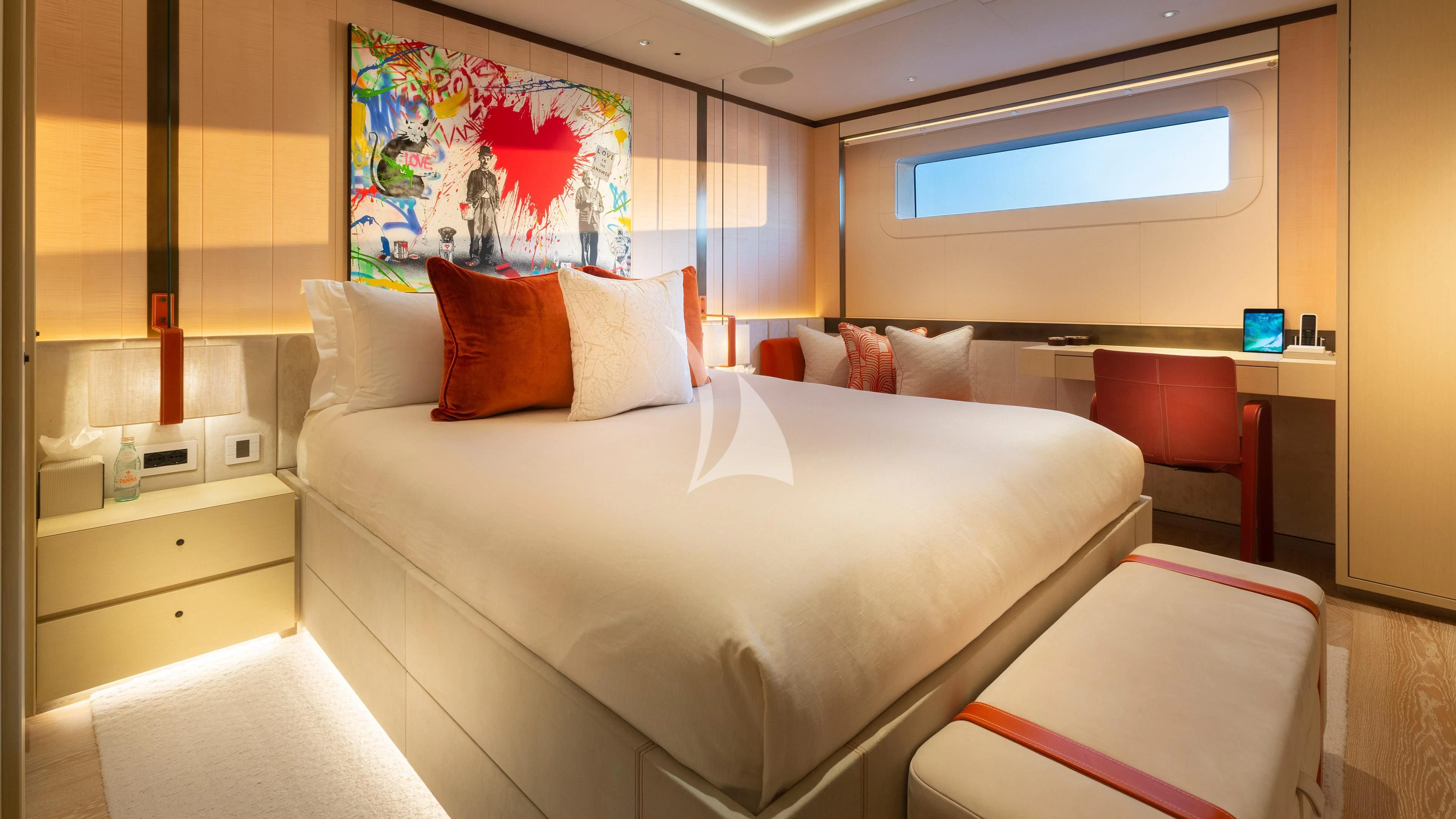 a bed in a room aboard LUNASEA Yacht for Sale