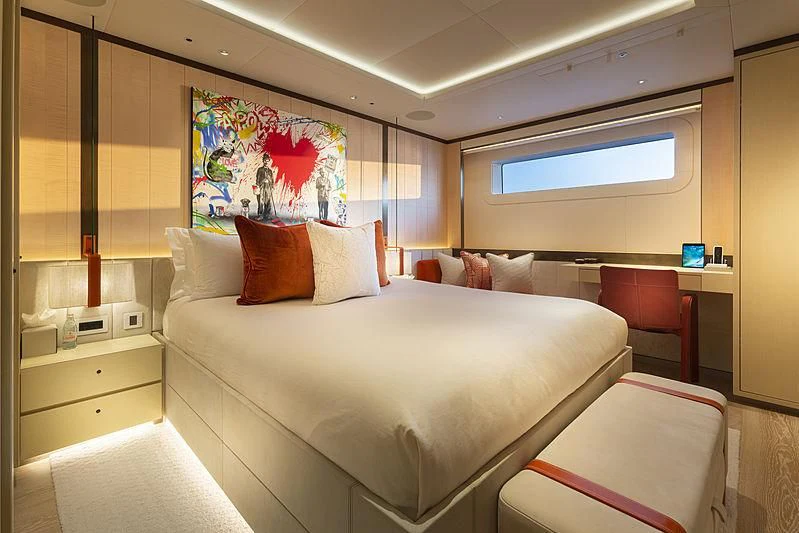 a bed in a room aboard LUNASEA Yacht for Sale