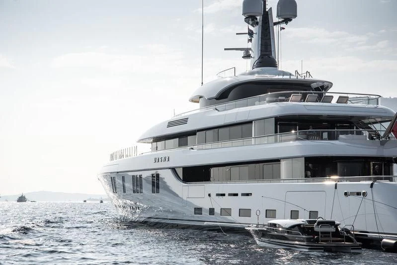 a large white boat on the water aboard LUNASEA Yacht for Sale