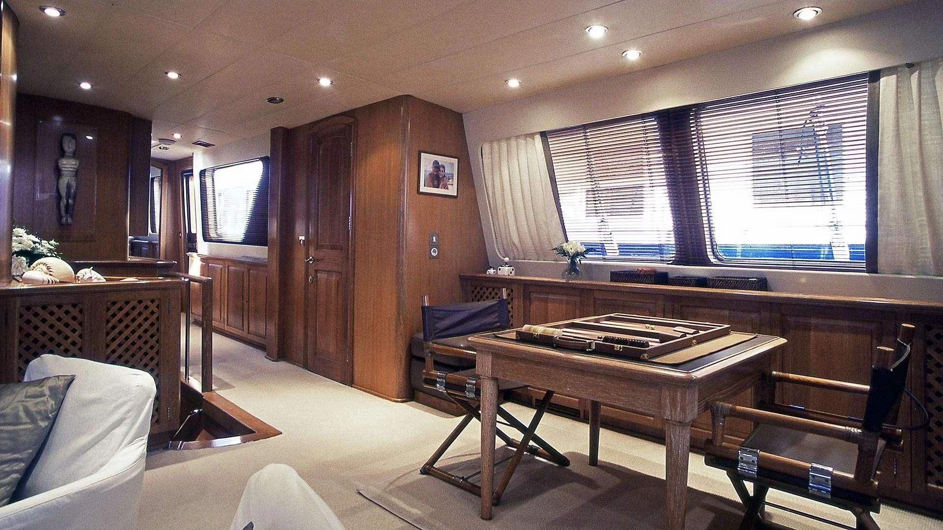 a room with a piano and a piano aboard ALTHEA Yacht for Sale