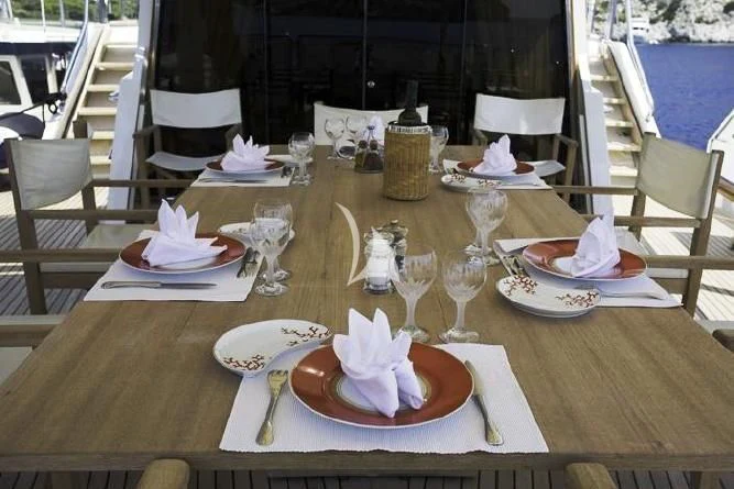 a table with plates and glasses aboard ALTHEA Yacht for Sale