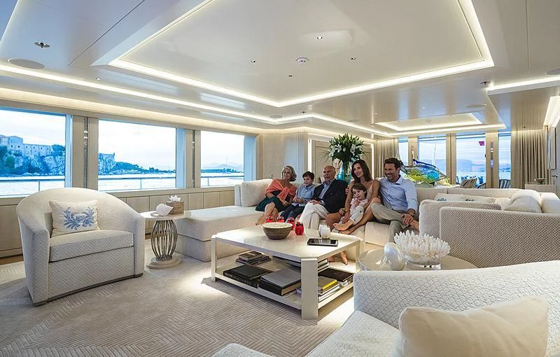 a group of people sitting around a table in a living room aboard VOLPINI 2 Yacht for Sale