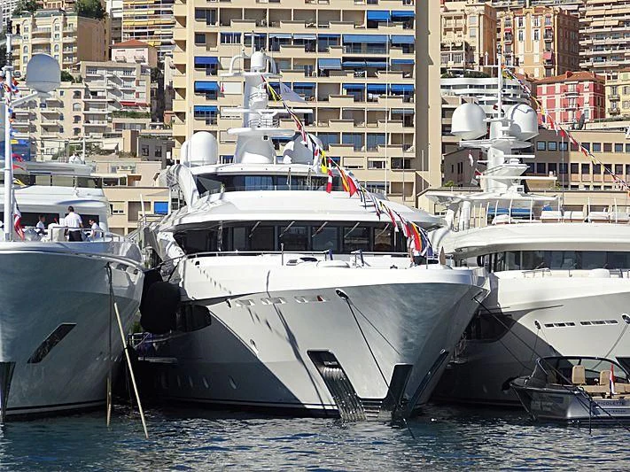 a boat docked in a harbor aboard VOLPINI 2 Yacht for Sale