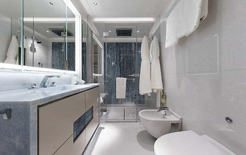 a bathroom with a sink and a shower aboard VOLPINI 2 Yacht for Sale