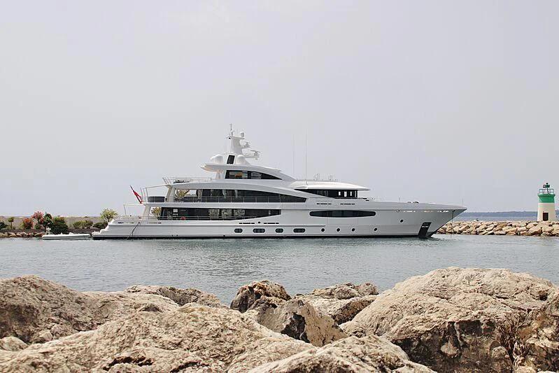 a white yacht on the water aboard VOLPINI 2 Yacht for Sale