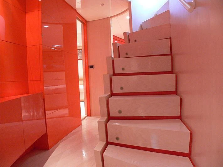 a set of wooden stairs aboard SOFIA Y Yacht for Sale