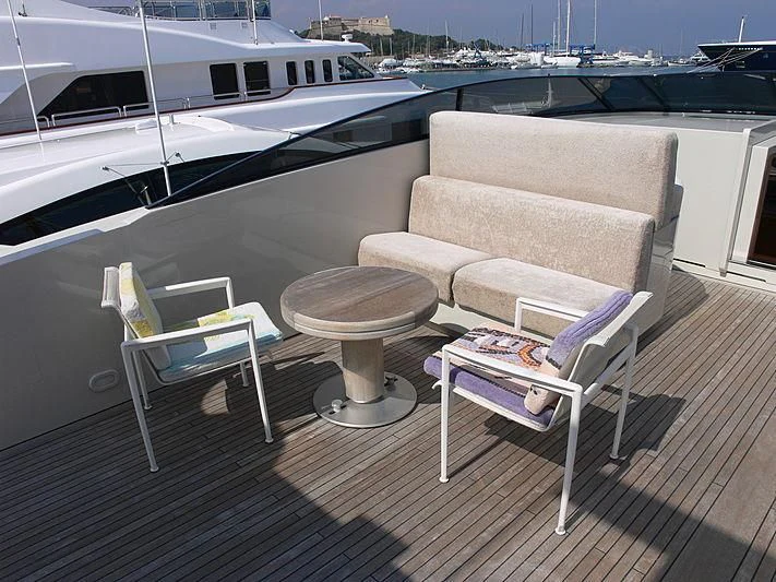 a couple of chairs on a deck overlooking a marina aboard SOFIA Y Yacht for Sale