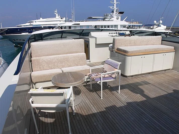 a deck with chairs and a boat in the background aboard SOFIA Y Yacht for Sale