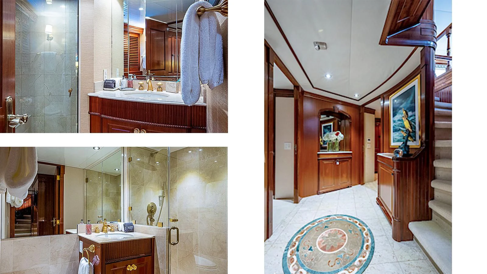 a bathroom with a sink and a mirror aboard PACKAGE DEAL Yacht for Charter