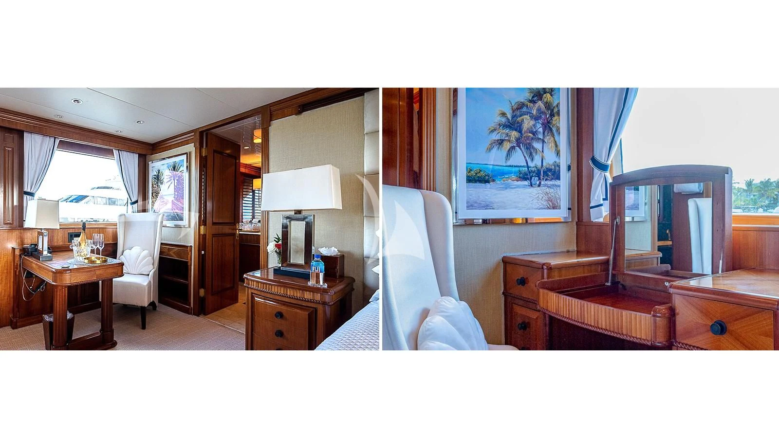 a bedroom with a bed and desk aboard PACKAGE DEAL Yacht for Charter