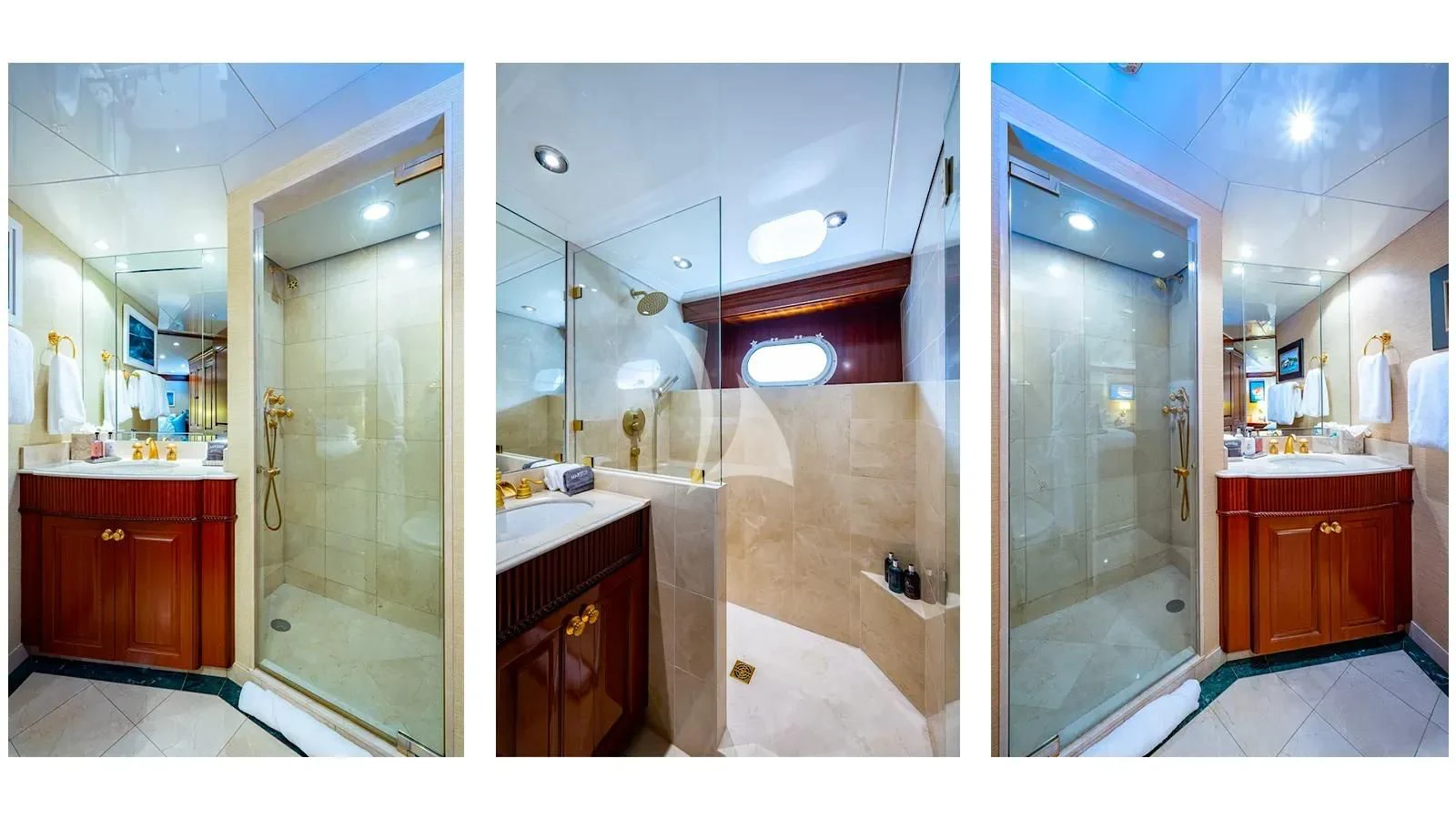 a bathroom with a glass shower aboard PACKAGE DEAL Yacht for Charter