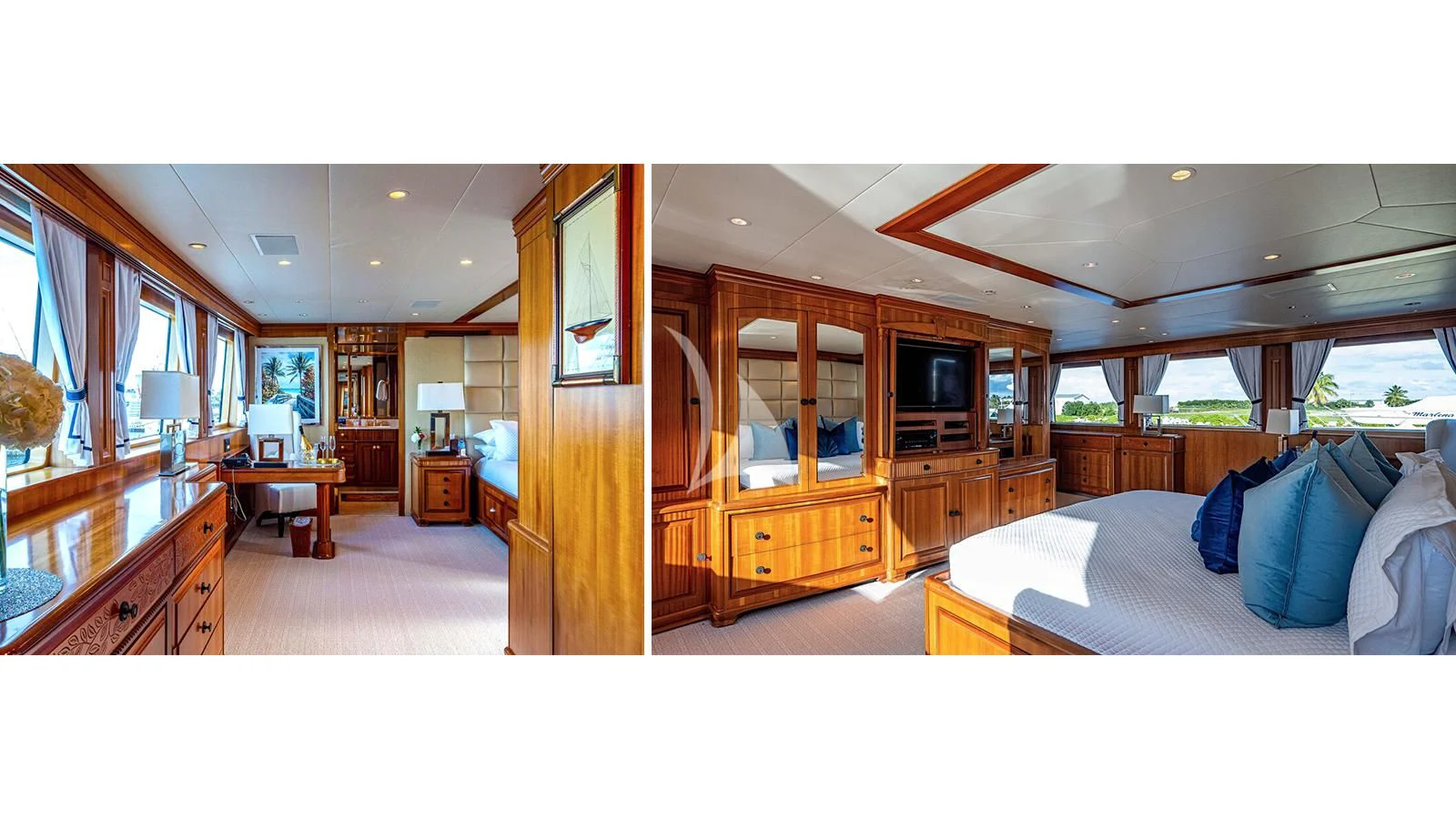 a bedroom with a bed and a desk aboard PACKAGE DEAL Yacht for Charter