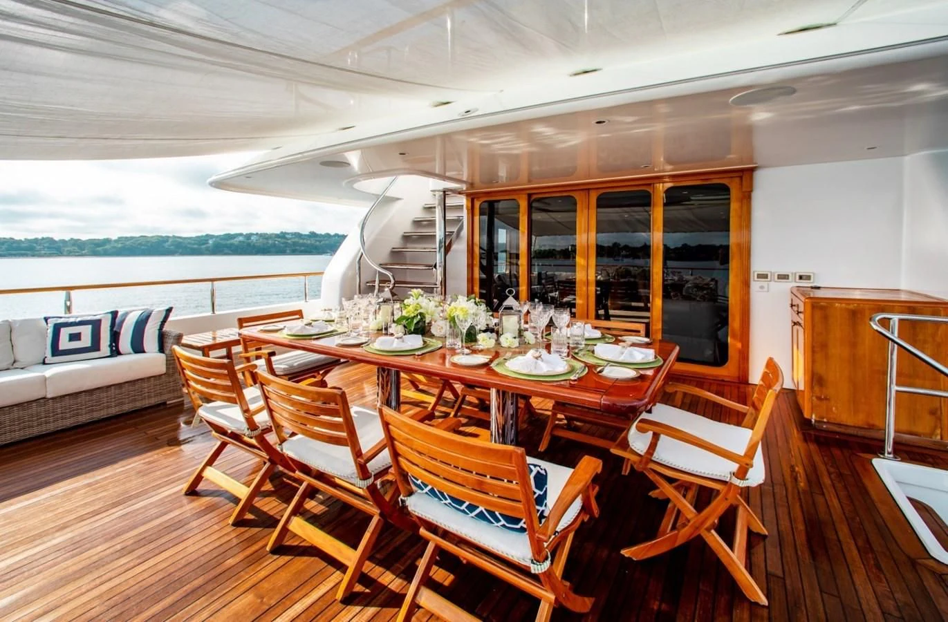 a dining table in a room aboard PACKAGE DEAL Yacht for Charter