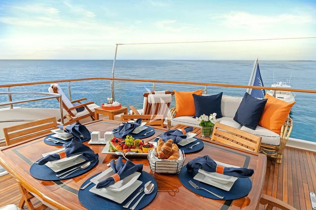 a deck with a large body of water and a large beach aboard PACKAGE DEAL Yacht for Charter