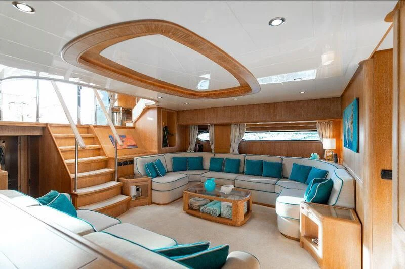 a living room with a large ceiling aboard WARLOCK Yacht for Sale