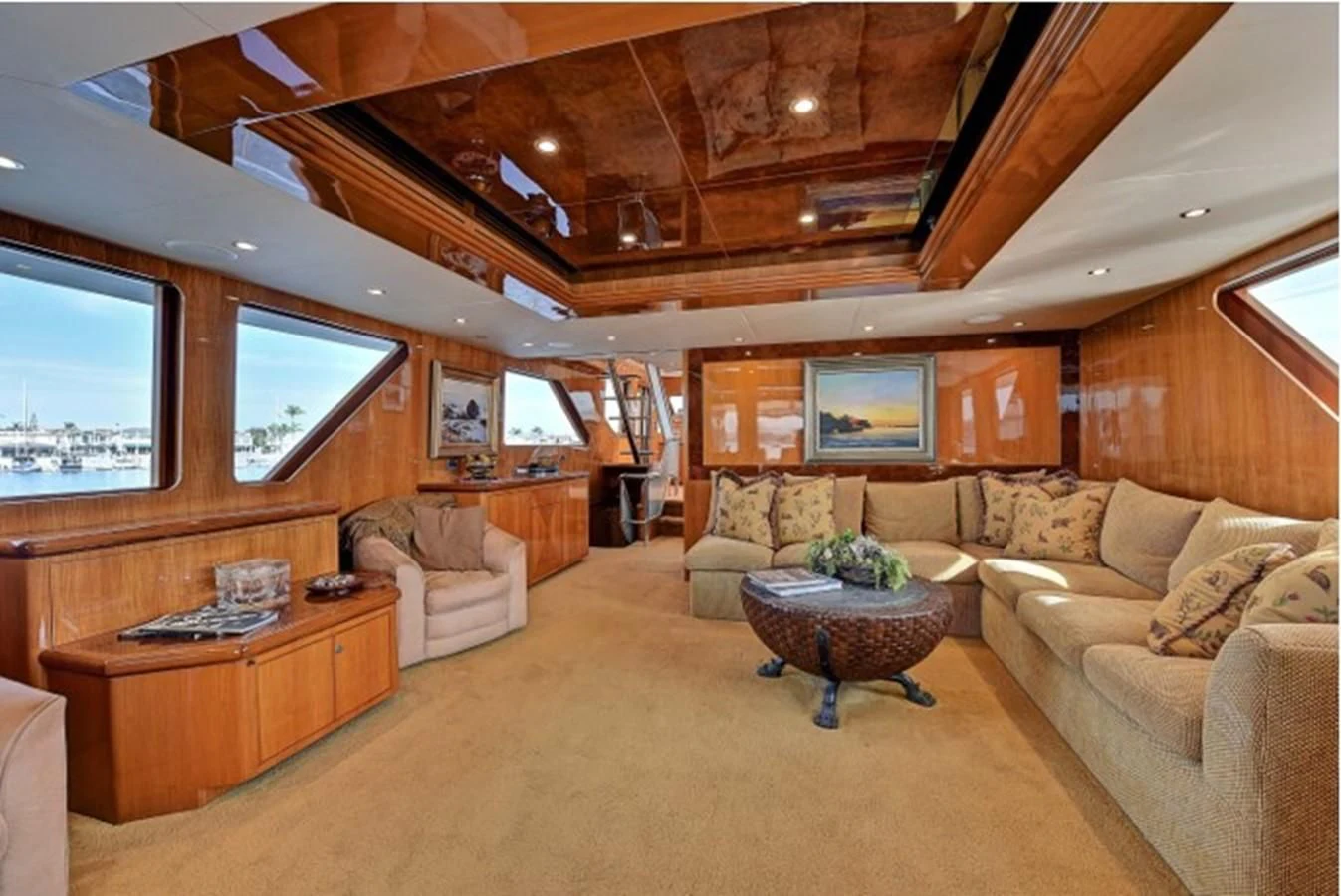 a living room with a wood ceiling aboard ANACAPA Yacht for Sale