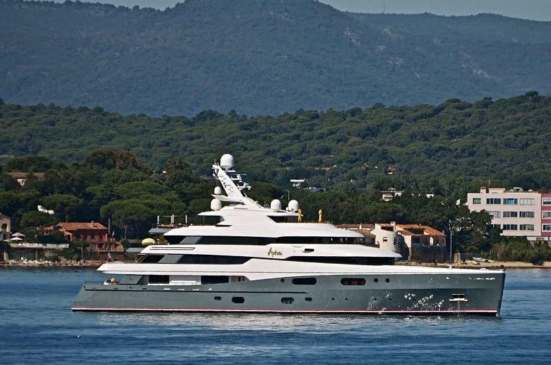 a large white boat in the water aboard AVIVA Yacht for Sale