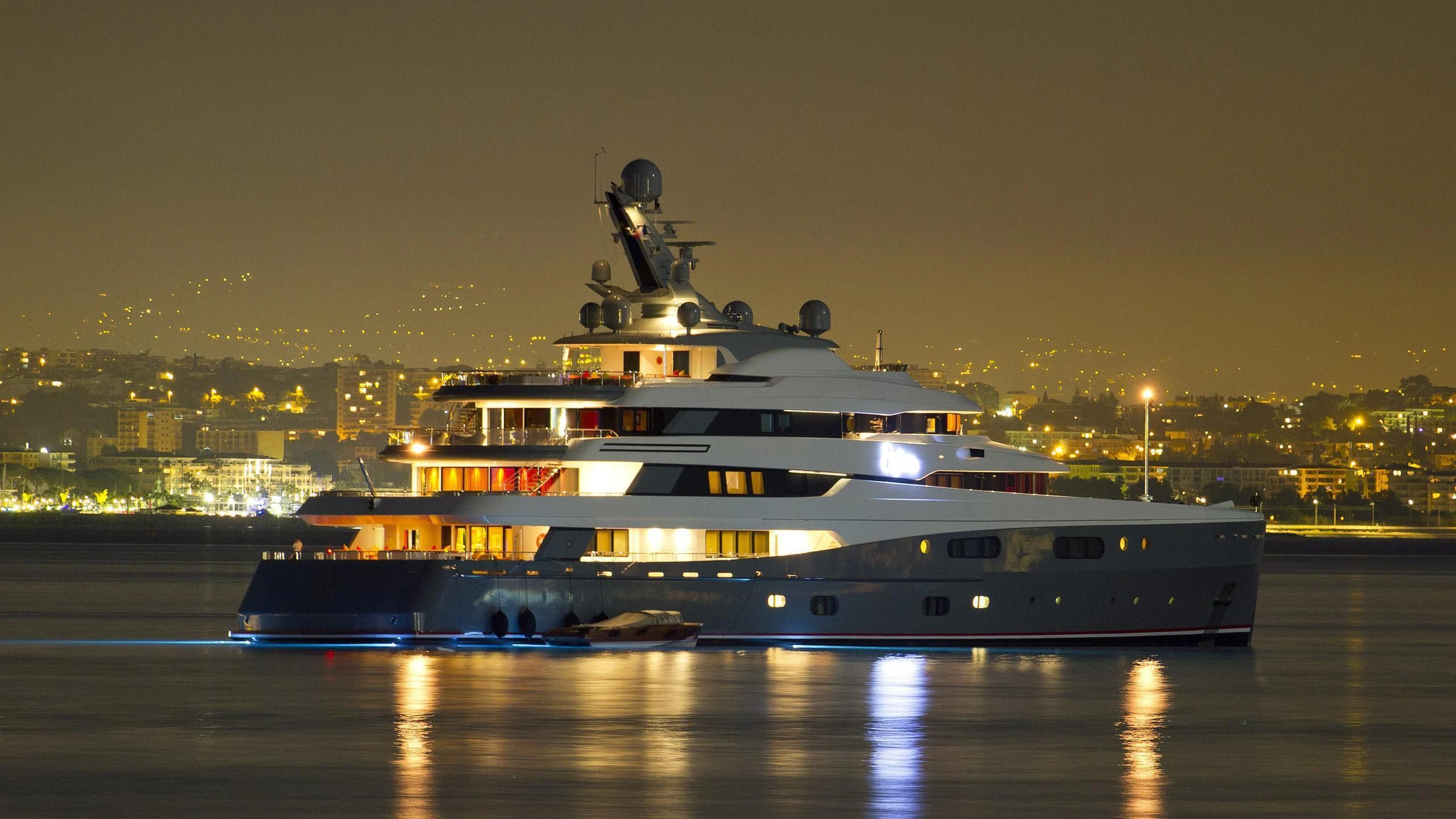 a large white and blue boat aboard AVIVA Yacht for Sale