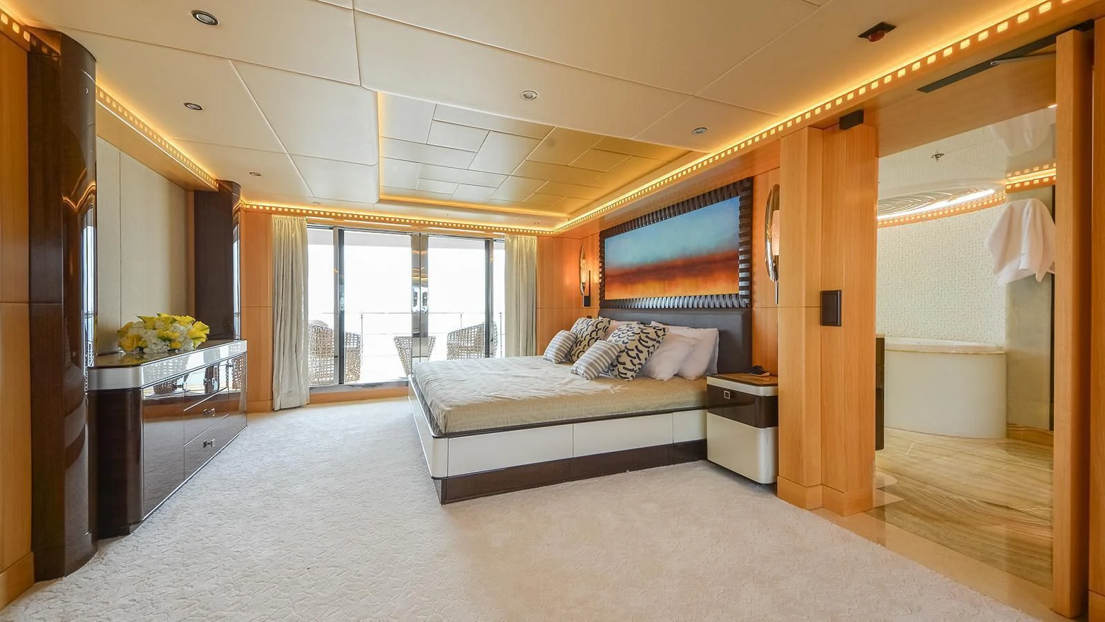 a large bedroom with a large bed aboard MY ESCAPE Yacht for Sale