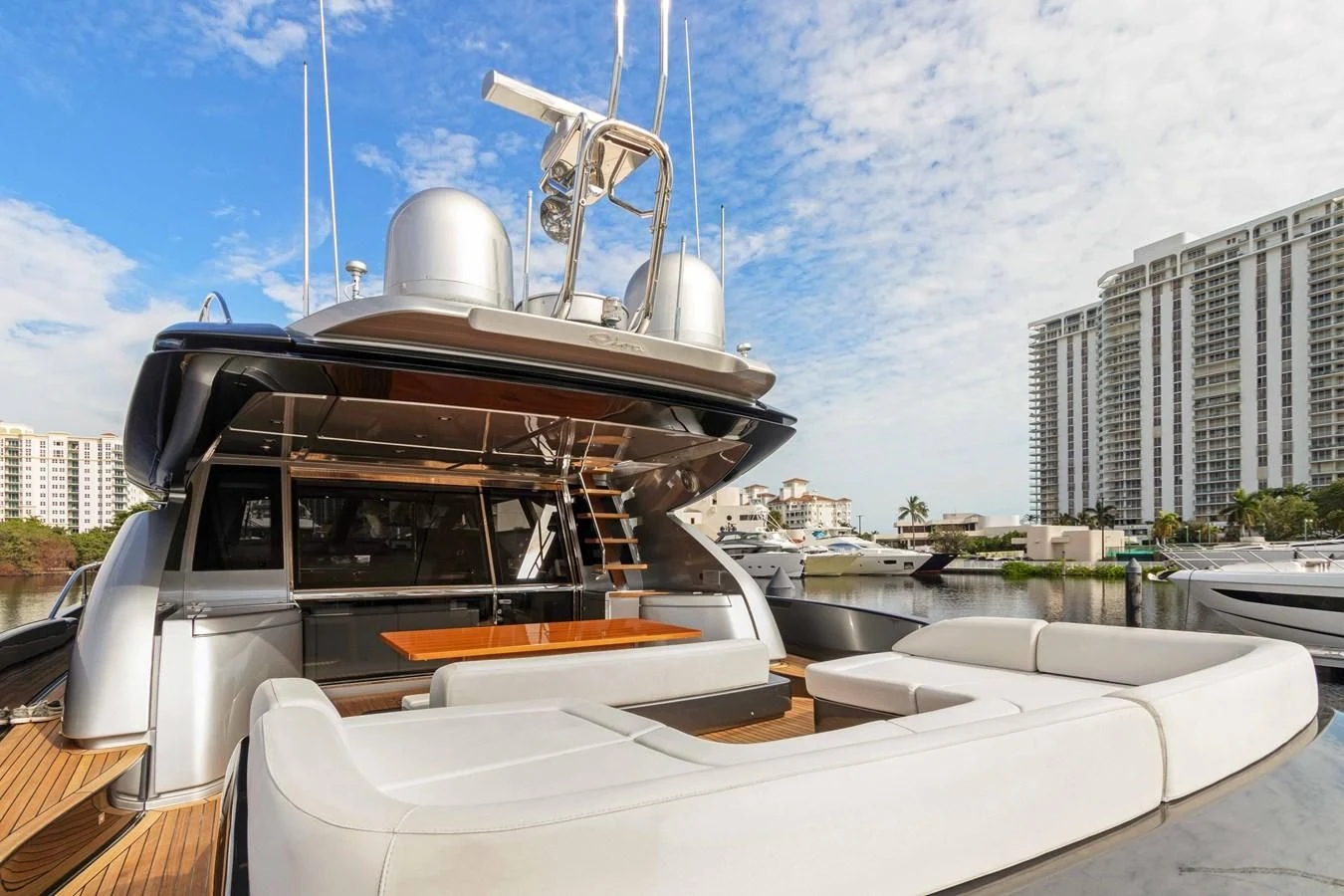 a boat with a large metal object on the front aboard INDISCRETION Yacht for Sale