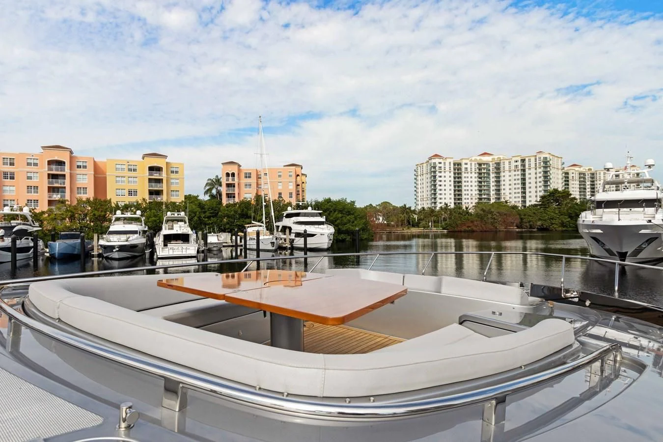 a boat is parked in a harbor aboard INDISCRETION Yacht for Sale