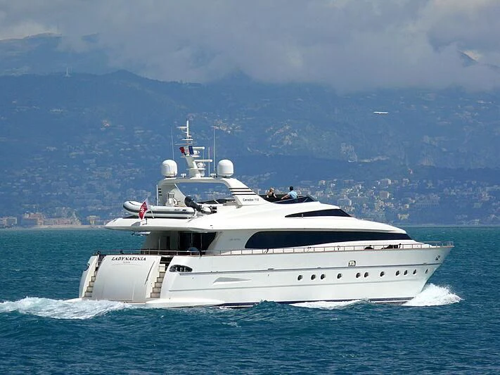 a white yacht on the water aboard L'AYAZULA Yacht for Sale