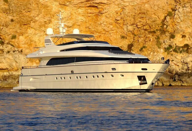 a white yacht in the water aboard L'AYAZULA Yacht for Sale