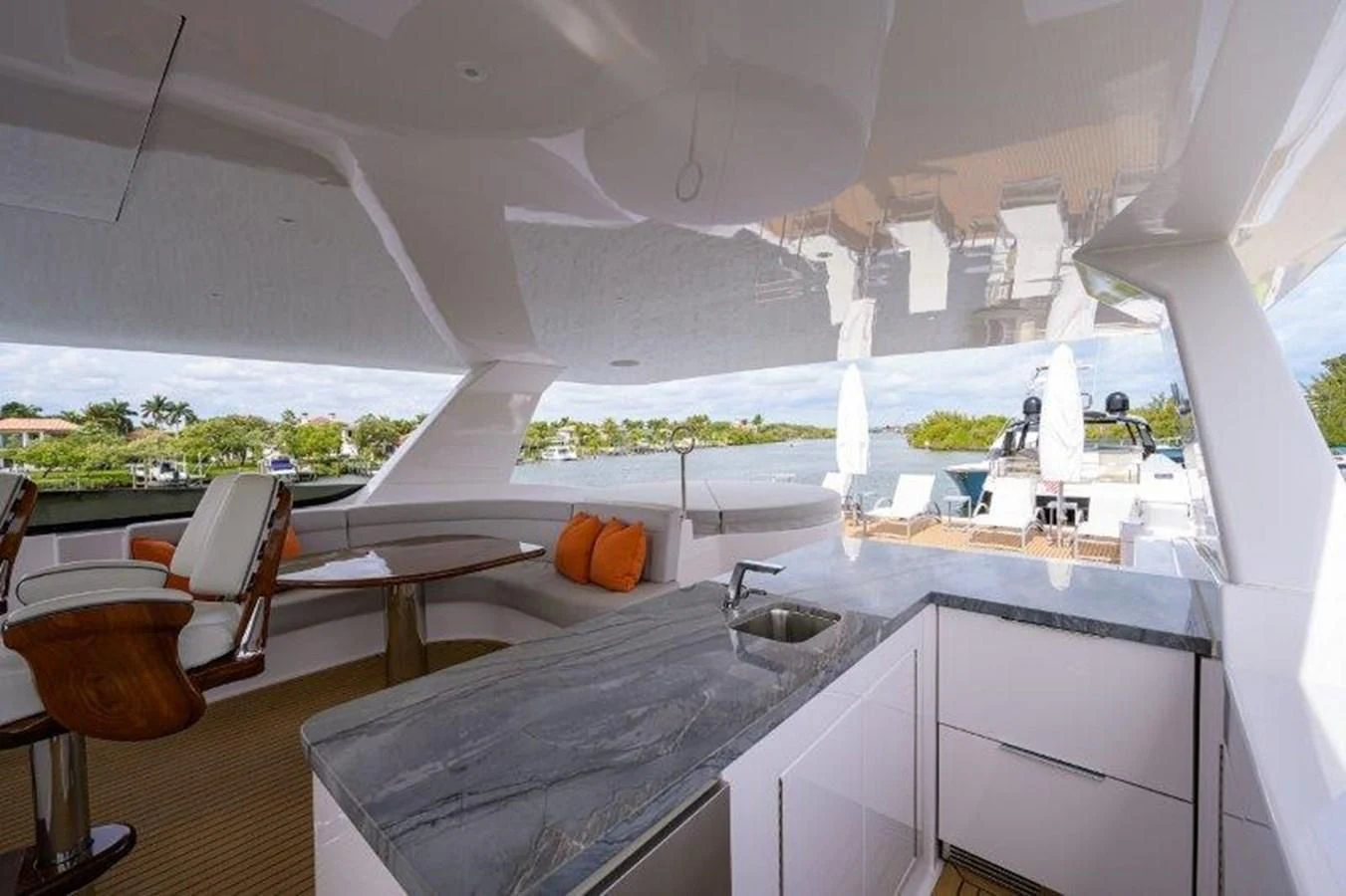 a kitchen with a large window aboard ODYSSEY Yacht for Sale