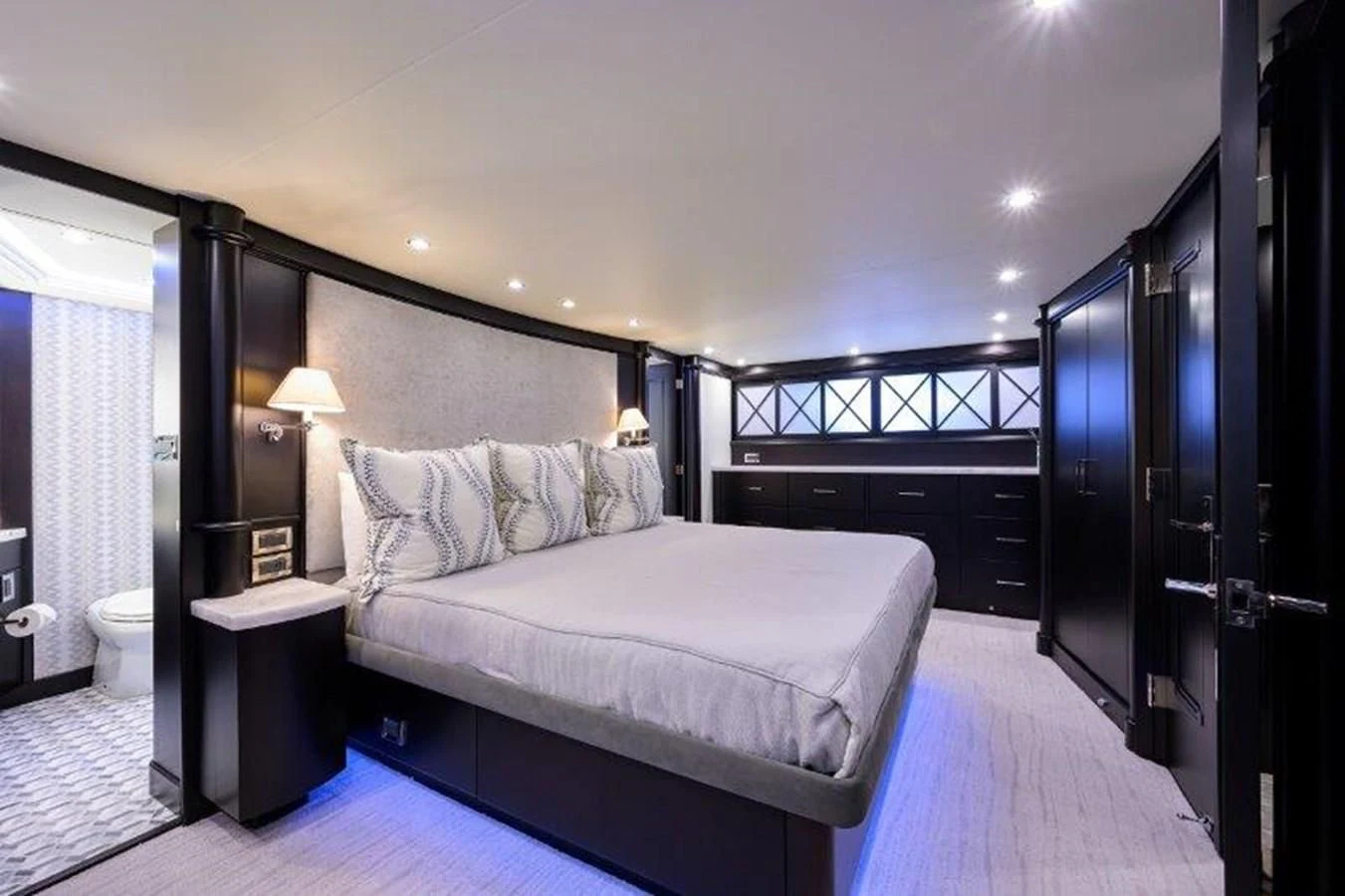 a bed in a room aboard ODYSSEY Yacht for Sale