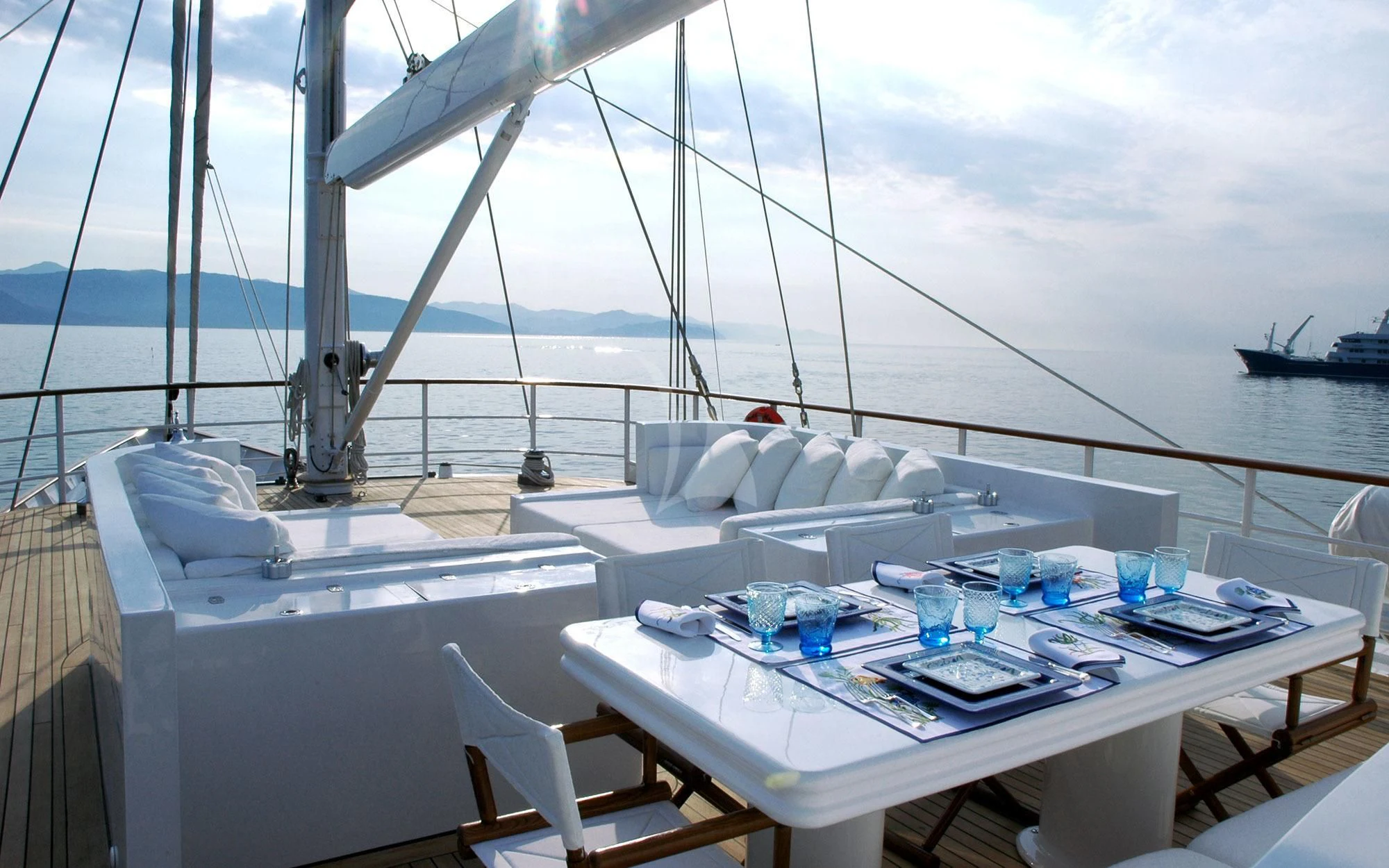 a table on a boat aboard MATA MUA Yacht for Sale