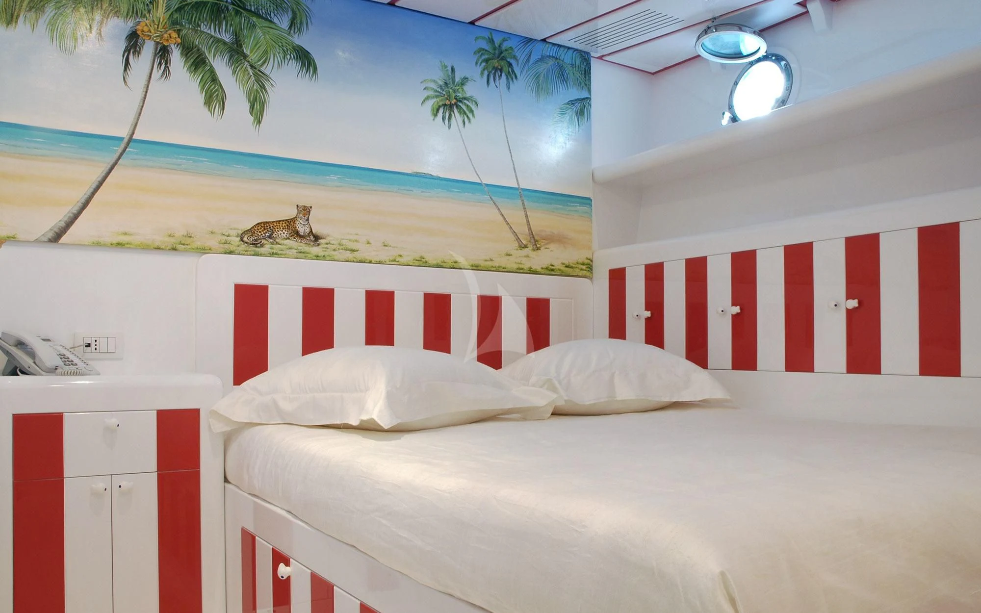 a room with white beds aboard MATA MUA Yacht for Sale