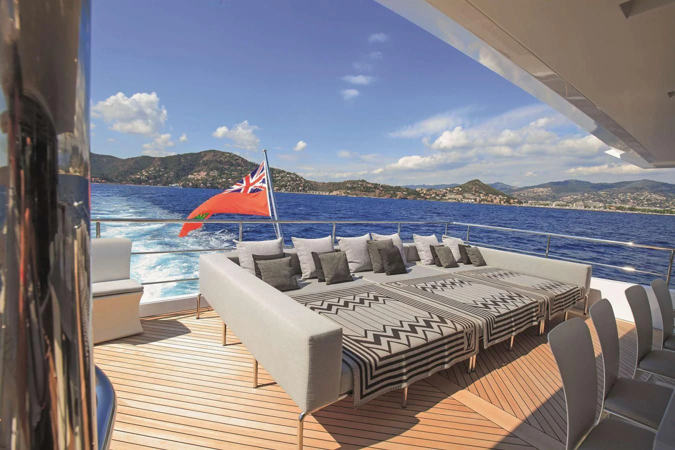 a deck with a large flag on it and a body of water in the background aboard BAMBOO Yacht for Sale