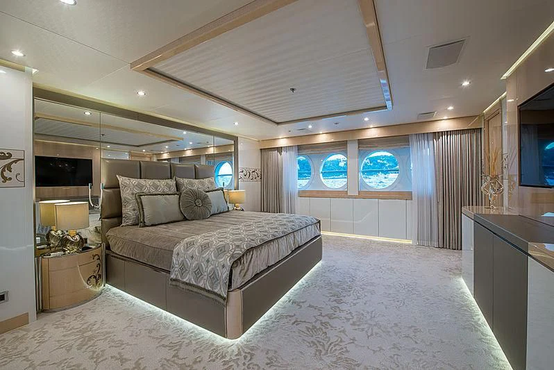 a bed in a room aboard BLISS Yacht for Sale